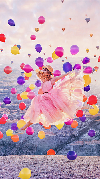 Jumping, Girl joy, Balloon celebration, Happy moments HD phone wallpaper
