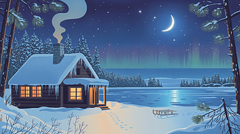 Winter Night, Cabin, Snow, Lake, Moon HD wallpaper