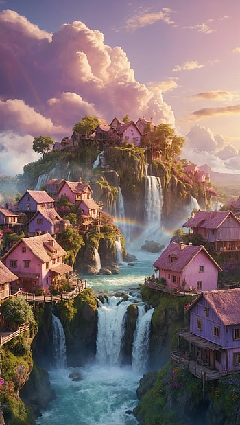 Magical Dreamy Village with Waterfalls and Rainbows, Fantasy, Cloud HD phone wallpaper