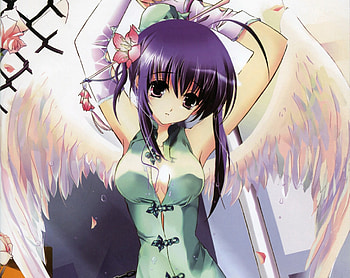 Chinese Angel, sexy, wings, purple hair, hot, cute, girl, angel, long hair, oriental, cheongsam, anime girl, feather, anime, wing, female HD wallpaper