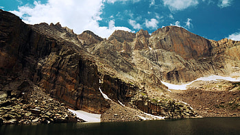 Chasm Lake, Colorado, clouds, landscape, sky, Rocky Mountains, water, rocks, usa HD wallpaper