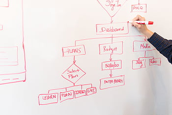 A person creates a flowchart diagram with red pen on a whiteboard, detailing plans and budgeting. HD wallpaper