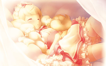 Sleeping soundly, cafe, ribbon, cute, blonde hair, thinghhighs, loli HD wallpaper