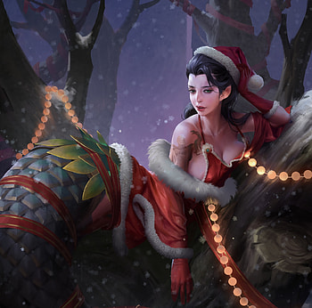 Green Snake ~ Christmas, snake, craciun, christmas, haixiang mu, girl, hat, santa, dark, fantasy HD wallpaper