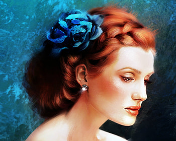 Alison Sudol, blue, profile, art, girl, woman, fantasy, portrait, flower, face, daria ustyzhanina, redhead, luminos HD wallpaper