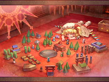 Flandre Sleepy Time, hong meiling, reimu hakurei, toys, alice margatroid, patchouli knowledge, vampire, sleeping, sakuya izayoi, dolls, anime, scarlet remilia, touhou, blonde hair, cirno, marisa kirisame, flandre scarlet HD wallpaper
