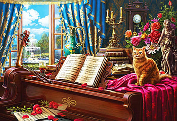 Grand Piano Cat, window, chair, digital, book, art, candles, flowers HD wallpaper