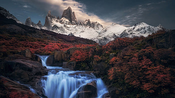 Waterfall near Mount Fitzroy, Patagonia, Argentina, river, clouds, cascades, trees, sky, mountains, forest HD wallpaper