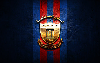 Manama Club, golden logo, Bahraini Premier League, blue metal background, football, Bahraini football club, Manama Club logo, soccer, Manama Club FC HD wallpaper