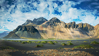 Stokksnes, Iceland, Vestrahorn, plants, landscape, clouds, sky, rocks HD wallpaper