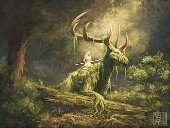 Guardians of the forest, fantasy, yasuartstudio, art, yasu art studio, deer, girl, yasushi matsuoka, forest, luminos HD wallpaper