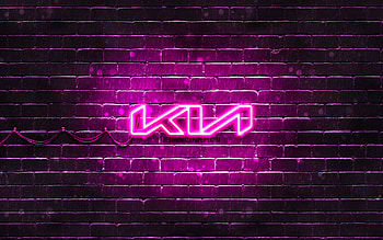 KIA purple logo, purple brickwall, , KIA new logo, cars brands, KIA neon logo, KIA 2021 logo, KIA logo, KIA HD wallpaper