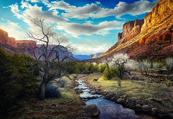 Canyon, painting, artwork, clouds, landscape, trees, sky HD wallpaper