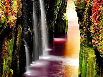Beautiful Waterfalls, reflection, cliffs, light, colorful leaves and beautiful water color, waterfalls, beautiful rainbow colors HD wallpaper