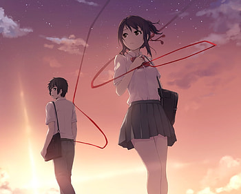 Red Thread of Fate, Short Hair, School Bag, Mitsuha Miyamizu, Black Hair, Thread of Fate, Tachibana, Red Thread, Lovers, Big Eyes, Mitsuha, Clouds, Sky, Anime Girl, Your Name, Taki Tachibana, Sunset, Anime Couple, Taki, Anime, Stars, Seifuku, Miyamizu, Kimi no Na wa, School Uniform, Couple, Anime Guy HD wallpaper