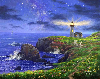A Place to Reflect, blue, sea, oceans, attractions in dreams, lighthouses, paintings, chairs, summer, love four seasons, cottages, clouds, nature, sky, hill HD wallpaper