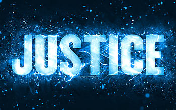 Happy Birtay Justice, , blue neon lights, Justice name, creative, Justice Happy Birtay, Justice Birtay, popular american male names, with Justice name, Justice HD wallpaper