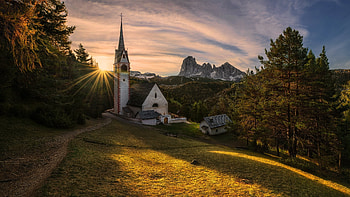 Church in The-Dolomites, Dolomites, The, land, Church HD wallpaper