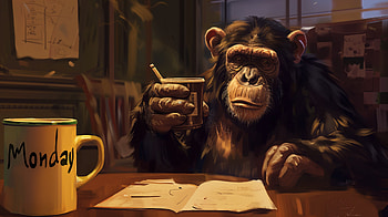 Monday Morning Chimpanzee -, monday, chimpanzee, coffee, desk, illustration HD wallpaper