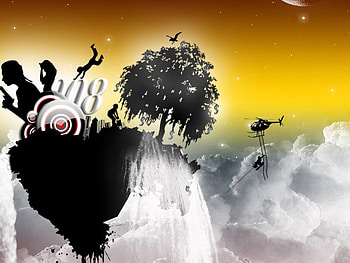 Cloud Island, island, helicopter, moon, clouds, sky, people, tree HD wallpaper
