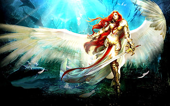 Fantasy girl, Wings, Redhead, Blue, Game, Angel HD wallpaper