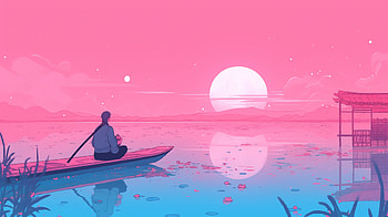 Pink Serenity Fishing Scene, aesthetic, pink, pink aesthetic, boat HD wallpaper