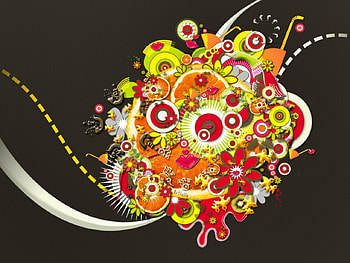 fresh vectors, circles, white, vectors, grey, colors, fruits, fresh, orange, green, lemon, yellow, red, flowers, lines HD wallpaper
