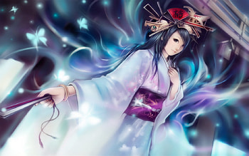 Beauty of Japan Girl, sexy, japan clothes, smile, hot, cute, fan, anime girl, origianl, butterfly, pretty, cool, headdress, blush, female HD wallpaper
