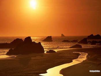 sunset at the beach, sand, setting, water, sun, beach HD wallpaper
