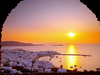 Sunset over Greece, island, , , houses, pic, wall, , sun, sunset, sea, greece, white, color, colour, summer, nature, sky HD wallpaper