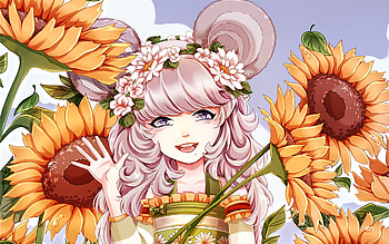Sunflowers, pink, anime, yellow, flower, vermeillerose, girl, manga, sunflower HD wallpaper