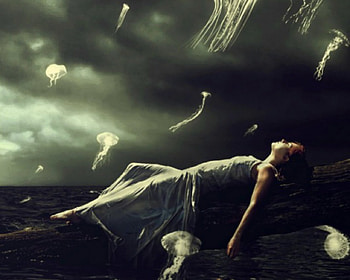 Jelly fish world, night, fantasy, sky, jelly fish, woman HD wallpaper