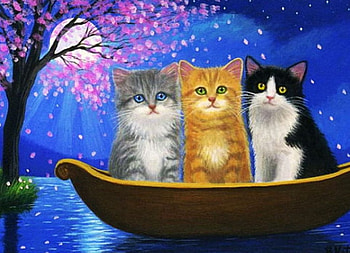 Moonlight Trio, artwork, boat, painting, cats, trees, water HD wallpaper
