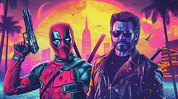 Deadpool And Wolverine In Synthwave World, deadpool-and-wolverine, deadpool-3, wolverine, deadpool, superheroes, artwork, digital-art, ai, deviantart, synthwave HD wallpaper