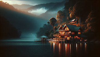 Enchanting Lake House Evening, lake house, house, lake, mountain HD wallpaper