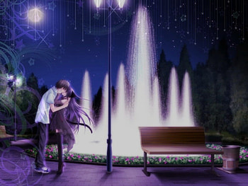 First Kiss, night, purple hair, scenery, flower, couple, short hair, female, bench, sexy, hot, girl, tree, star, anime girl, plant, anime, light, brown hair, romantic, lover, cute, long hair, moon, scenic, fountain, male, water, scene, romance, park, boy, love, forest HD wallpaper