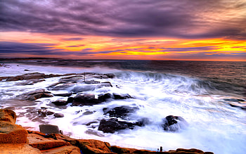 After The Storm, colorful, colors, peaceful, beauty, waves, ocean, sunset, sea, beautiful, rocks, ocean waves, stormy, view, clouds, nature, sky, lovely, splendor, storm HD wallpaper