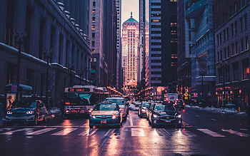 Chicago, taxi, streets, Chicago skyscrapers, Chicago cityscape, evening, sunset, Illinois, USA HD wallpaper
