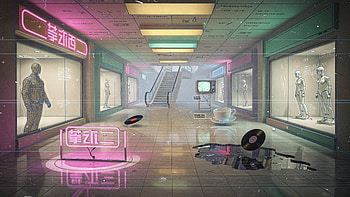 — Neon Cyber Mall: Abandoned Atrium, Mannequin, Escalator, Neon Sign, Cyberpunk HD wallpaper