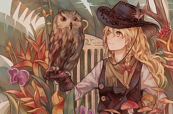 Cowgirl, bird, zicai tang, pasare, girl, owl, anime, manga, hat HD wallpaper