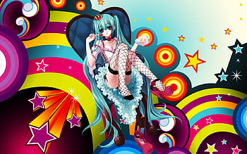 Vocaloid-Gourmandise, colorful, cute, vocaloid, long hair, dress, cake, miku, abstract, eat, female, sexy, hatsune miku, hot, blue eye, blue hair, girl, food, multicolor, anime girl, anime HD wallpaper