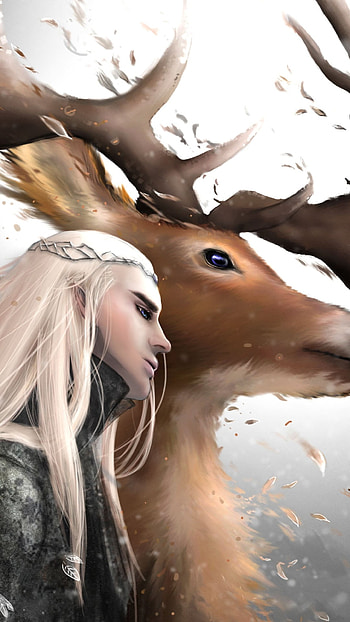Thranduil's Deer, white hair, elf, deer, fantasy, The Lord Of The Rings HD phone wallpaper
