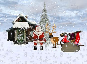 Holidays, Santa Claus, Snow, House, Christmas Tree, Deer, Sleigh, Sledge, Gifts, Presents HD wallpaper