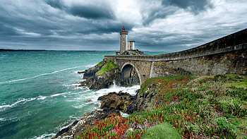 Cape Finistere, Brittany, France, coast, sea, bridge, clouds, flowers, sky, atlantic, rocks HD wallpaper