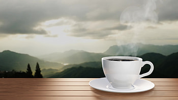 Black coffee mug, Mountain morning, Hot steam, Breakfast scenery HD wallpaper