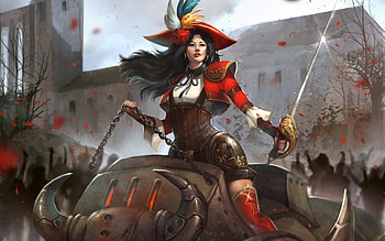 Fantasy girl, mechanical, sword, steampunk, bull, girl, woman, fantasy, red, game, hat HD wallpaper