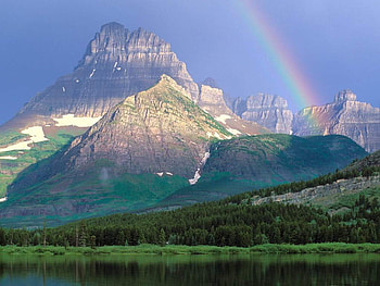 After the rain, rainbow, sunlight, trees, sky, mountains HD wallpaper