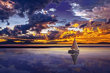 SAILING HOME, CLOUDS, SAILING, REFLECTION, SUNSET, SHIP HD wallpaper
