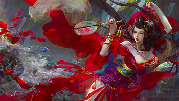 Red Kimono, kimono, art, japan, , geisha, girl, woman, digital, fantasy, pretty, red HD wallpaper