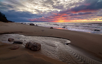 After Sunset, rocks, sunset, beach, sea, clouds, Latvia HD wallpaper